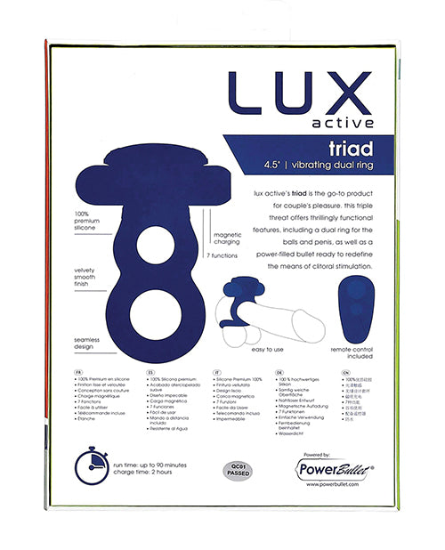 Lux Active Triad 4.5" Vibrating Dual Ring W/remote - Dark Blue