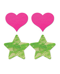 Fantasy Uv Reactive Neon Heart & Lace Star Pasties - Pink & Green O/s Pack  Of 2