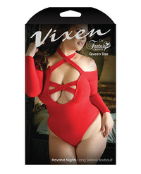 Vixen Havana Nights Long Sleeve Bodysuit W/snap Closure Red Qn