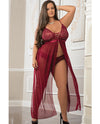 Empire Waist Laced Sheer Long Dress & Panty Mulled Wine Qn