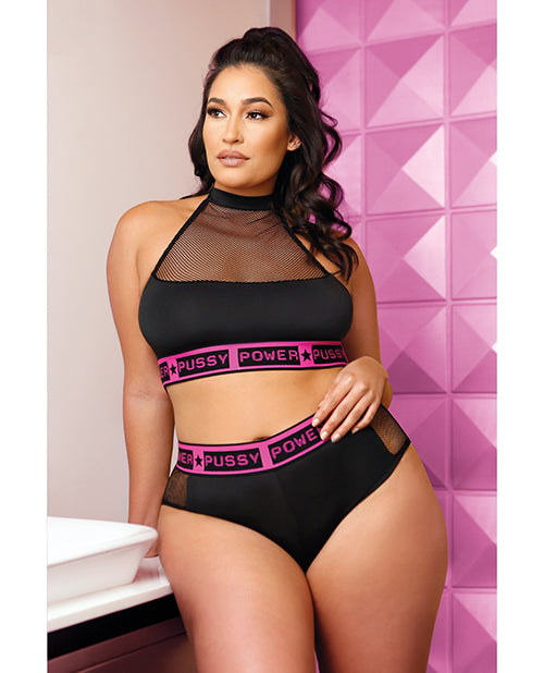 Vibes Pussy Power Micro-net Halter Top & Booty Short Black Qn