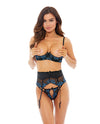 Embroidered Lace Open Cup Bra, Garter Belt & G-string Black/blue