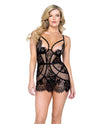 Femme Fatale Scalloped Eyelash Lace & Mesh Chemise & Thong Black