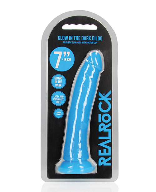 Shots Realrock 7" Slim  Dildo Glow In The Dark - Neon Blue