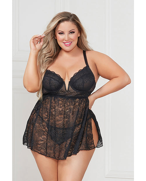 Stretch Lace Babydoll W/underwire Cups & G-string Black